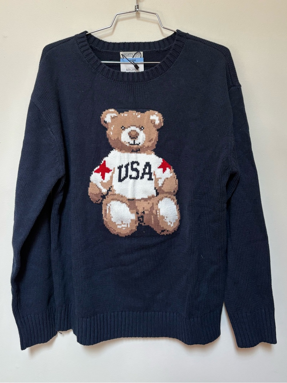 Brand New Mighty Fine Navy Teddy Bear USA Crewneck Sweater
